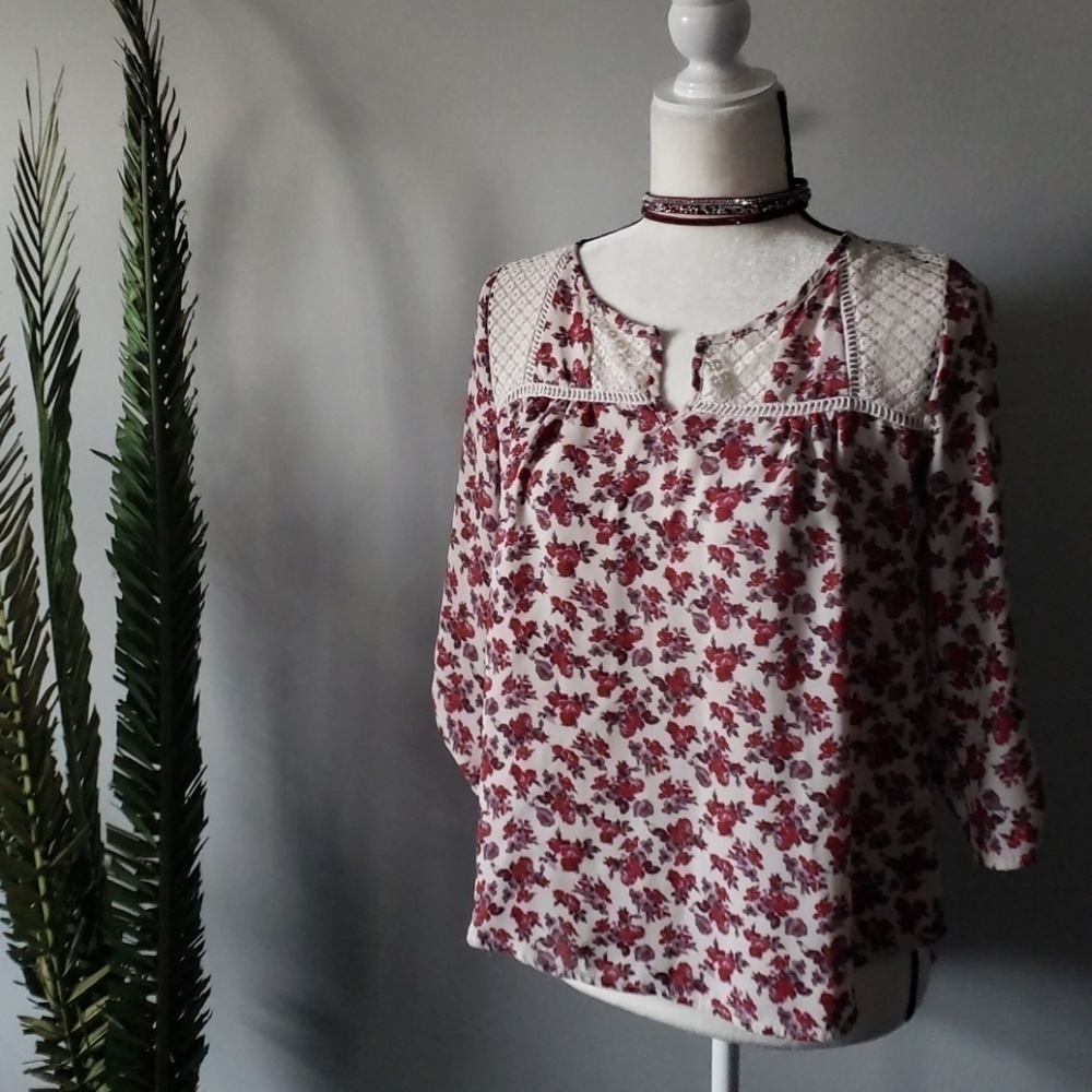 Rewind boho red floral print peasant blouse